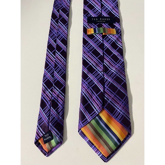 Ted Baker Neck Tie Striped Check Purple Pink Silk 59" 3.5" - Picture 4 of 7